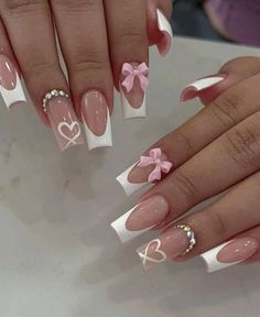 #nails Latina Nail Ideas, Girly Nails, Bow Nails, Cute Simple Nails, White Nail Designs