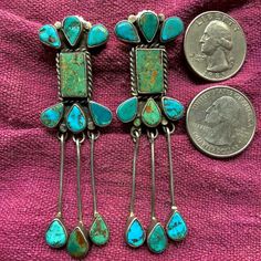 1940s VERY Early Zuni Blue Turquoise & Green ￼￼Chandelier Earrings Ingot Silver | eBay Traditional Turquoise Dangle Chandelier Earrings, Green Chandelier Earrings, Green Chandelier, Vintage Turquoise Jewelry, Men's Vintage Clothing, Green Chandeliers, Silver Ingot, Vintage Native American Jewelry, Native American Earrings