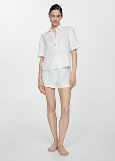 Linen pajama shirt - Woman | MANGO USA Daywear Collared Linen Shirt, Collared Linen Shirt For Daywear, Collared Linen Daywear Shirt, Casual Linen Shirt For Daywear, Collared Linen Tops For Daywear, Linen Button-up Tops For Loungewear, Relaxed Linen Blouse For Loungewear, Casual Linen Shirt For Loungewear, Summer Linen Blouse With Spread Collar