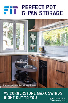 a kitchen with wood cabinets and white counter tops, has the words perfect pot g pan storage on it