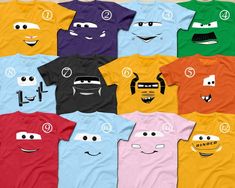 an assortment of t - shirts with faces drawn on them in different colors and shapes