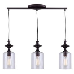 three lights hanging from a ceiling fixture with clear glass and black metal fixtures, one light is