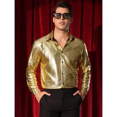 The button down glitter shirts for men are unique, making you standing out from the crowd. Pair the shiny shirts with fitted black jeans or leather pants for nightclub or nighttime social gatherings. The shiny metallic shirts are suitable for many occasions, such as parties, disco, nightclub, wedding, stage performance, or other casual occasions. Party Tops With Button Closure For Fall, Fitted Gold Shirt For Night Out, Disco Style Fitted Shirt For Party Season, Fitted Disco Shirt For Party Season, Fitted Disco Shirt For Party, Fitted Disco Style Party Shirt, Fitted Disco Party Shirt, Disco Long Sleeve Top For Club, Shiny Button-up Party Tops