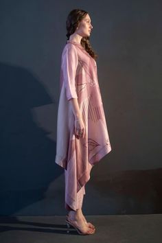 Dusky pink long tail kaftan with abstract geometric and floral print. Paired with coordinating straight pant. - Aza Fashions Pant For Women, Dupion Silk, Dusky Pink, Long Tail, Band Collar, Pants Pattern, Straight Pants, Aza Fashion, Silk Printing