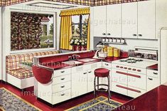 an old fashioned kitchen with white cabinets and red counter tops, along with yellow curtains