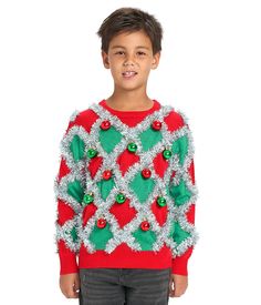 For the one that can’t seem to wait to decorate even before you do, we bring you the Boy's Tacky Tinsel Ugly Christmas Sweater. Decorated with real ornaments and not-so tacky tinsel from front to back, it’s a Christmas sweater that makes even the least decorated of parties look like they’re maximally decked out – especially when you grab a matching one in your size and enter as tinsel twins! Ugly Sweater For Kids, Boys Ugly Christmas Sweater, Timeless Sweater, New Halloween Costumes, Boys Christmas Outfits, Versatile Sweater, Tipsy Elves, Urban Sophistication, Chic Sweater