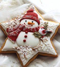 a decorated christmas star cookie with a snowman and bird on the top, sitting on a white blanket