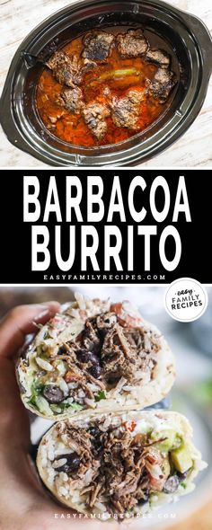 the food is being prepared and ready to be eaten in the slow cooker, with text overlay that reads barbacoa burrito