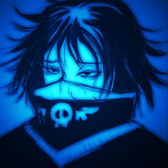 an anime character with long hair wearing a bandana and looking at the camera in blue light