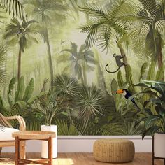 a tropical jungle scene with monkeys and palm trees wallpaper mural in a living room