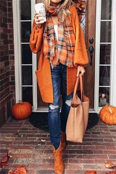 Chicnico Casual Oversize Orange Cadigan – CHICNICO 60 Outfits, Fall Outfits 2018, Plain Cardigan, Fall Fashion Coats, Fashion Preppy, Orange Cardigan, Autumn Look, Long Sleeve Knit Sweaters, 가을 패션