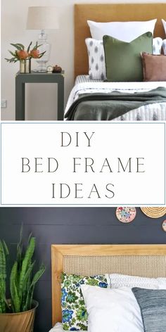 a bed frame with plants and pillows on it in front of a blue wall that says diy bed frame ideas