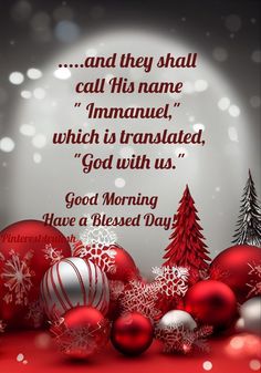 a christmas card with red ornaments and snowflakes in the background, says good morning have a blessed day