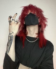 Mens Purple Hair, Red Grunge Hair, Red And Black Hair Aesthetic, Long Red Hair Men, Emo Red Hair, Fluffy Red Hair, Red Hair Emo, Wolfcut Men, Cowboy Hair