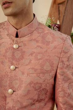 Shop for Philocaly Pink Raw Silk Cross Stitch Embroidered Bandhgala for Men Online at Aza Fashions Wedding Pink Bandhgala With Intricate Embroidery, Pink Bandhgala With Intricate Embroidery For Wedding, Ceremonial Pink Bandhgala With Resham Embroidery, Designer Embroidered Pink Bandhgala, Pink Bandhgala With Intricate Embroidery, Floral Cross Stitch, Embroidered Silk, Raw Silk, Full Sleeve