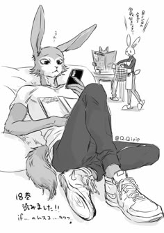 a drawing of a rabbit sitting on top of a bed next to a person holding a cell phone