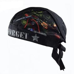 a black hat with an image of a motorcycle on the front and star in the back