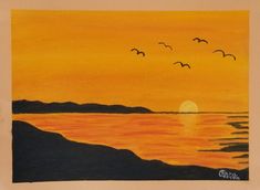 a painting of birds flying over the ocean at sunset