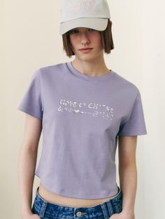 Composition : C100Country of Origin : Vietnam Tan Screen Print Tops For Summer, Summer Tan Tops With Screen Print, Purple Letter Print Crew Neck Top, Purple Crew Neck Top With Letter Print, Trendy Tan Short Sleeve Shirt, Purple Crew Neck Top With Text Print, Trendy Tan Tops With Screen Print, Purple Relaxed Fit Slogan Top, Casual Purple Slogan T-shirt