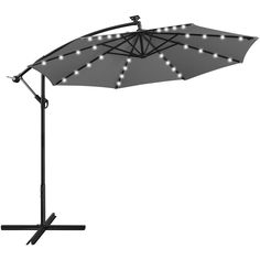 an umbrella with lights on it is shown in front of a white background and black stand