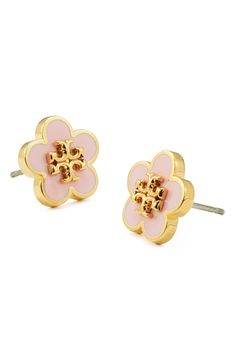 Flower stud earrings centered by iconic logo medallions bring a pretty pop of color to any look. 3/8" diameter Post back Goldtone or silvertone plate/enamel Imported Locket Earrings, Gold Orchid, Tory Burch Earrings, Tory Burch Kira, Nickel Free Earrings, Flower Stud Earrings, Flower Stud, Enamel Flower, Diamond Shop