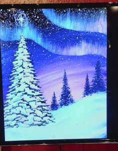 a painting of a christmas tree in the snow with an aurora bore above it and stars on the sky