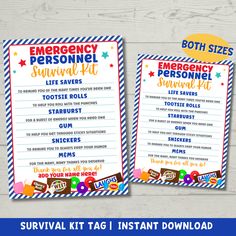 the emergency personnel survival kit is shown in two different colors and features candy, candies,