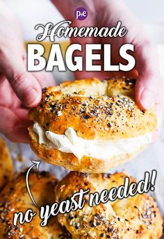 homemade bagels with cream cheese and poppy seed sprinkles are stacked on top of each other