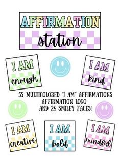 the words affirmation station are arranged in different colors and shapes, with smiley faces