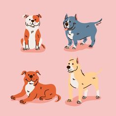 four different colored dogs on a pink background