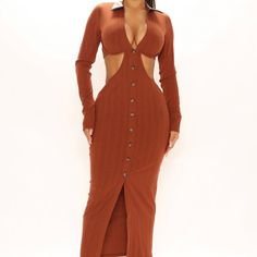 Brand New, Size Xtra Small. Fall Beach Bodycon Dress, Summer Long Sleeve Brown Bodycon Dress, Brown Long Sleeve Bodycon Summer Dress, Brown Long Sleeve Bodycon Dress For Summer, Long Sleeve Bodycon Vacation Dress, Long Sleeve Bodycon Dress For Vacation, Brown Long Sleeve Maxi Dress For Night Out, Casual Brown Maxi Dress For Night Out, Brown Long Sleeve Maxi Dress For Day Out