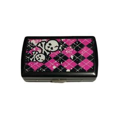 a pink and black checkered box with skulls on the front, one skull in the middle