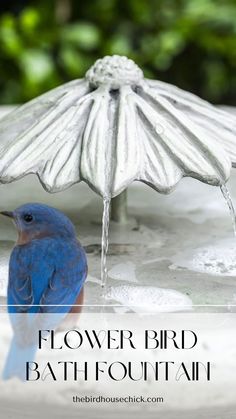 a blue bird sitting on top of a bath tub next to an umbrella with the words flower bird bath fountain