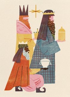 an illustration of two people dressed in medieval clothing, one holding a teapot and the other wearing a crown