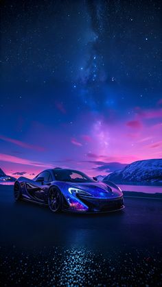 a car parked on the side of a road under a night sky