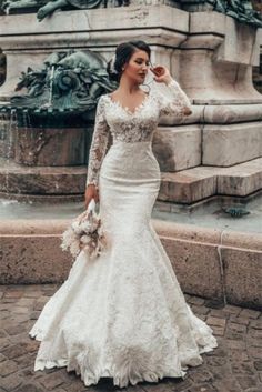 Stylish White Floral Lace Mermaid Bridal Dresses Long Sleeves V-Neck Spring Wedding Dress - Wedding Dresses Lace Wedding Dress With Sleeves, Spring Wedding Dress, Bridal Gowns Mermaid, Dream Wedding Ideas Dresses, Lace Bridal Gown, Lace Mermaid, A Wedding Dress, Lace Mermaid Wedding Dress, Long Wedding Dresses