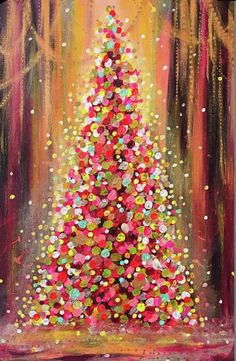 a painting of a colorful christmas tree in the middle of a forest with confetti on it