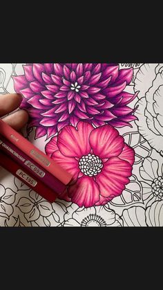 a hand holding a pencil in front of a coloring book with flowers on the pages