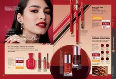 an ad for cosmetics with lipstick and eyeliners on the front, in spanish