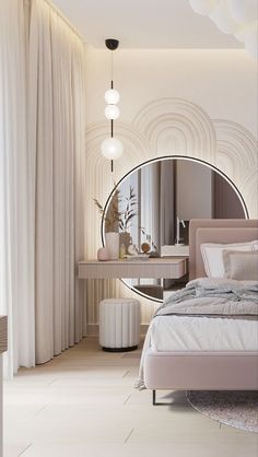 a bedroom with a large round mirror on the wall next to a bed and dresser