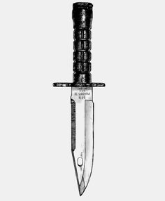 a black and white drawing of a knife stuck in a corkscrew with the blade still attached