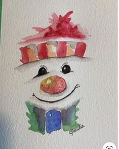 a watercolor drawing of a snowman wearing a red hat