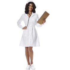 a woman dressed in a nurse costume holding a clipboard