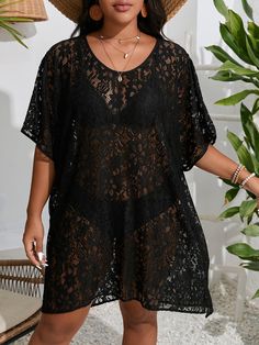 Summer Beach Plus Lace Dolman Sleeve Cover Up Dress Without Bikini Set Black   Half Sleeve Fabric Plain  Medium Stretch  Women Plus Clothing, size features are:Bust: ,Length: ,Sleeve Length: Black Lace Cover Up, Cover Up Swimsuit Outfit, Swimsuit Coverup Ideas, Coverup Ideas, Plus Size Cover Up, Holiday Outfit Inspiration, Coverup Swimsuit, Swimsuits Outfits, Holiday Outfit