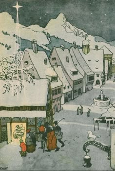 an old fashioned christmas card with people walking in the snow and buildings on either side