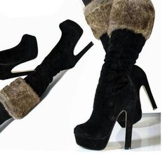 Sexy Platform Fur Round Toe Dress Boots Suede Warm Stiletto High Heel Zip Mid-calf Boots Lady Shoes Pretty Heels, Cute Shoes Heels