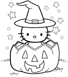 a hello kitty pumpkin with a witch hat on it's head and stars in the background