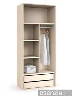 an empty closet with clothes hanging on the rack and drawers in front of white background