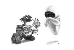 a drawing of an alien with a camera next to a robot holding a potted plant