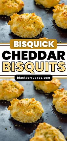 cheddar biscuits on a baking sheet with text overlay